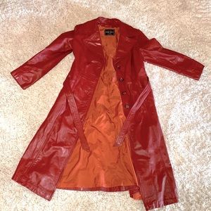 70s Red Leather Trench Coat Genuine Leather unisex with waist belt & pockets